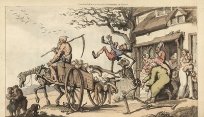 De skelet van de Dood en oude man Tijd komen om de oude echtgenoot van Goody Barton te halen, maar de kar is al te vol met lijken. Handgekleurde kopergravure door Thomas Rowlandson uit The English Dance of Death, Ackermann, Londen door Thomas Rowlandson