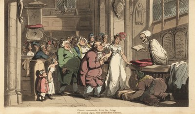 Het skelet van de Dood als priester die het huwelijk viert tussen een jonge vrouw en een lelijke oude man door Thomas Rowlandson