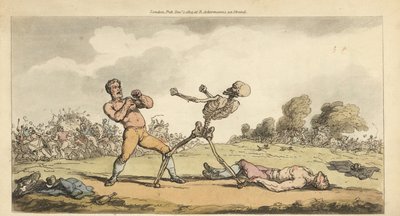 Het skelet van de Dood bokst met een bareknuckle prijsvechter terwijl een andere bokser op de grond ligt en het publiek in paniek vlucht. Handgekleurde kopergravure getekend en gegraveerd door Thomas Rowlandson uit The English Dance of Death, Ackermann, Lo door Thomas Rowlandson