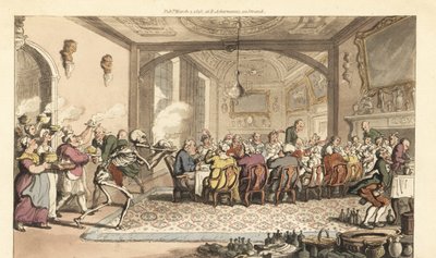 De skelet van de Dood brengt een fatale lekkernij naar een gulzig feest in een grote zaal. Handgekleurde kopergravure getekend en gegraveerd door Thomas Rowlandson uit The English Dance of Death, Ackermann, Londen door Thomas Rowlandson