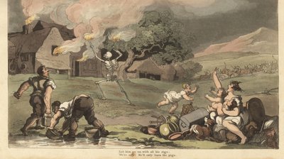 De skelet van de Dood steekt een huis in brand met fakkels terwijl een familie probeert zijn schatten te redden en het vuur te blussen met emmers water uit de vijver door Thomas Rowlandson