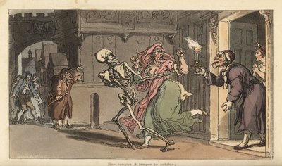 De skelet van de Dood voert een Virago weg uit een huis terwijl een nachtwaker met lantaarn toekijkt. Handgekleurde koperplaat getekend en gegraveerd door Thomas Rowlandson uit The English Dance of Death, Ackermann, Londen door Thomas Rowlandson