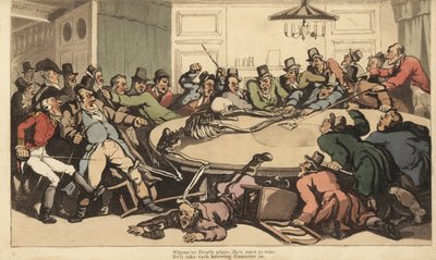 Het skelet van de Dood vecht met heren gokkers in de Kanskamer van een Londense speelclub door Thomas Rowlandson