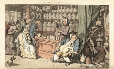 Het skelet van de Dood maalt langzaam vergif in de winkel van de kwakzalver, terwijl de kwakzalver een dodelijk middel in een fles giet. Handgekleurde kopergravure getekend en gegraveerd door Thomas Rowlandson uit The English Dance of Death, Ackermann, Lon door Thomas Rowlandson