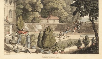 Het skelet van de Dood helpt een landeigenaar richten met een musket op jongens die in zijn tuin stropen en proberen over een muur te vluchten. Handgekleurde kopergravure getekend en gegraveerd door Thomas Rowlandson uit The English Dance of Death, Ackerma door Thomas Rowlandson