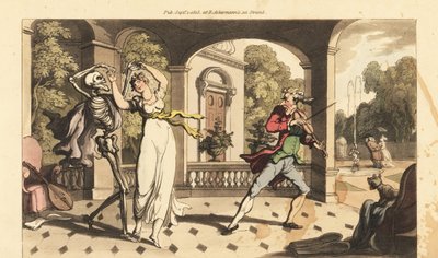 De skelet van de Dood in een cape danst een laatste wals met fragiele Caelia, terwijl haar dansleraar geschokt toekijkt. Handgekleurde kopergravure getekend en gegraveerd door Thomas Rowlandson uit The English Dance of Death, Ackermann, Londen door Thomas Rowlandson