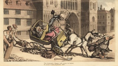 Het skelet van de Dood in mantel en muts bestuurt een tweespan dat crasht in wegwerkzaamheden en zijn passagier, een gerechtsdeurwaarder, doodt. Handgekleurde kopergravure getekend en gegraveerd door Thomas Rowlandson uit The English Dance of Death, Ackerm door Thomas Rowlandson