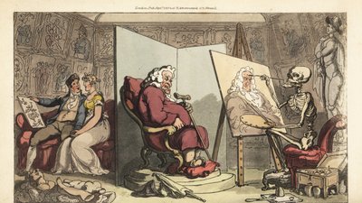 De skelet van de Dood schildert een portret van een wethouder, terwijl zijn jonge dienstmeisje flirt met een galante kunstenaar achter het scherm. Handgekleurde koperplaat getekend en gegraveerd door Thomas Rowlandson uit The English Dance of Death, Ackerm door Thomas Rowlandson