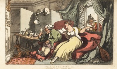 Het skelet van de Dood schenkt een dodelijk glas wijn in voor de oude dwaas Sir Peter op zijn huwelijksreis, terwijl zijn jonge vrouw Julia flirt met majoor Henry bij het raam. Handgekleurde kopergravure getekend en gegraveerd door Thomas Rowlandson uit Th door Thomas Rowlandson
