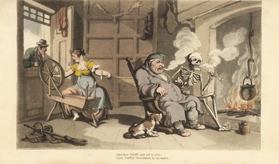 De skelet van de Dood rookt een pijp bij de haard met oude Gaffer Goodman, terwijl zijn jonge vrouw wordt verleid door een minnaar bij het raam. Handgekleurde kopergravure getekend en gegraveerd door Thomas Rowlandson uit The English Dance of Death, Ackerm door Thomas Rowlandson