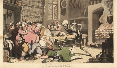 De dood steekt een dikke kok dood met een spies door Thomas Rowlandson