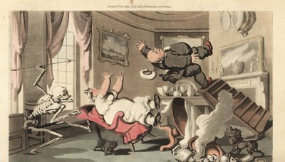 De skelet van de Dood gooit zijn pijl naar een man terwijl hij van een trap valt tijdens het opwinden van een klok boven de schoorsteenmantel door Thomas Rowlandson