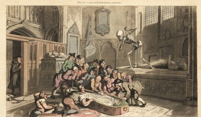 De skelet van de Dood kijkt toe hoe antiquairs het lijk van een koning opgraven uit een crypte in een kerk. Handgekleurde kopergravure getekend en gegraveerd door Thomas Rowlandson uit The English Dance of Death, Ackermann, Londen door Thomas Rowlandson