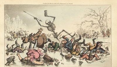 Het skelet van de Dood met pijl en zandloper schaatsend op een bevroren vijver terwijl andere schaatsers door het gebroken ijs vallen. Handgekleurde kopergravure getekend en gegraveerd door Thomas Rowlandson uit The English Dance of Death, Ackermann, Londe door Thomas Rowlandson