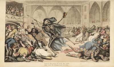 Het skelet van de Dood veroorzaakt een oproer onder de harlekijnen, jockeys, nonnen, Turken en dwazen op een gemaskerd bal. Handgekleurde kopergravure getekend en gegraveerd door Thomas Rowlandson uit The English Dance of Death, Ackermann, Londen door Thomas Rowlandson