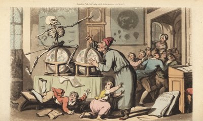 Het skelet van de Dood komt met zijn pijl voor een schoolmeester terwijl hij astronomie onderwijst aan een klas kinderen die in paniek vluchten. Handgekleurde kopergravure getekend en gegraveerd door Thomas Rowlandson uit The English Dance of Death, Ackerm door Thomas Rowlandson