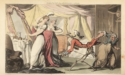 Het skelet van de Dood met zijn zandloper komt voor een mooie coquette in haar slaapkamer terwijl ze wordt aangekleed voor een bal door haar bedienden. Dood is gekleed in rokjas en pruik als een vrijer. Handgekleurde kopergravure getekend en gegraveerd doo door Thomas Rowlandson