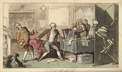 De staatsman in zijn kantoor wordt verrast door het skelet van de Dood met zijn kroon en speer die achter een scherm tevoorschijn komt door Thomas Rowlandson