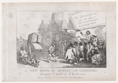 Titelpagina: Een nieuw boek van paarden en rijtuigen, of, De Rhedarium voor de verkoop van alle soorten..., 1784 door Thomas Rowlandson