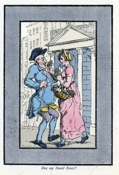 Reizende bloemenverkoper, nadert een glimlachende heer met een klein boeket rozen (1819). Houtsnede, gebaseerd op een schilderij van Thomas Rowlandson (1756-1827), gepubliceerd in The Cries of London: met zes charmante kinderen en bijna 40 illustraties door Thomas Rowlandson