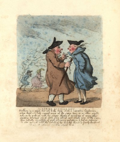 Twee Regency-mannen stoppen om te praten in een ijzige wind door Thomas Rowlandson