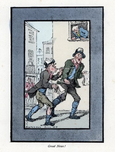 Twee krantenverkopers met lange fluitjes die kranten verkopen in een straat in Londen. Houtsnede, gebaseerd op een schilderij door Thomas Rowlandson (1756-1827), gepubliceerd in The Cris of London: met zes charmante kinderen en bijna 40 illustraties, door  door Thomas Rowlandson