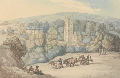 Uitzicht op de kerk en het dorp St. Cue, Cornwall door Thomas Rowlandson