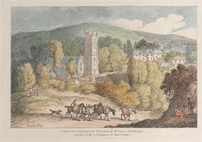 Uitzicht op de kerk en het dorp St. Cue, Cornwall door Thomas Rowlandson