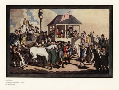 Een jockey wegen op een weegschaal op een renbaan door Thomas Rowlandson