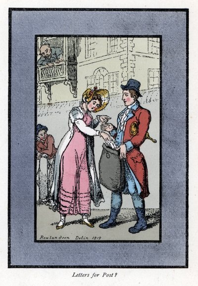 Vrouw betaalt en stopt een brief in een tas gedragen door een medewerker van de Britse Royal Post Office (houtsnede gebaseerd op een schilderij van Thomas Rowlandson) door Thomas Rowlandson