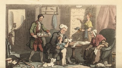Jonge jongen bij lessen met een tutor en zijn grootmoeder door Thomas Rowlandson