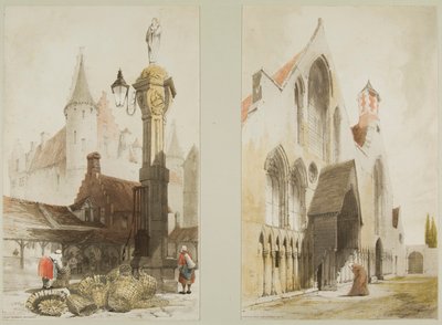 Vismarkt, Antwerpen en Hospice des Vieillards, Cand, uit Picturesque Architecture in Paris, Ghent, Antwerp, Touen, etc. door Thomas Shotter Boys