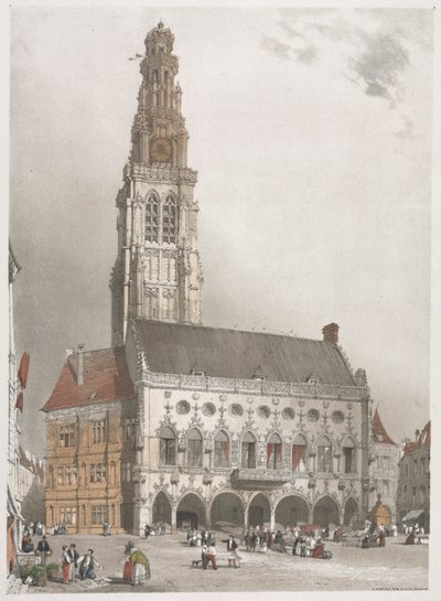 Pittoreske architectuur in Parijs, Gent, Antwerpen, Rouen: Het stadhuis, Arras, Frankrijk door Thomas Shotter Boys