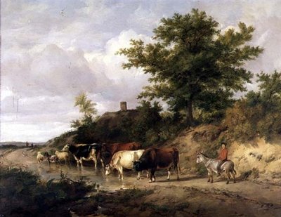 Bosrijk landschap met een jongen op een ezel en vee bij een doorwaadbare plaats door Thomas Sidney Cooper