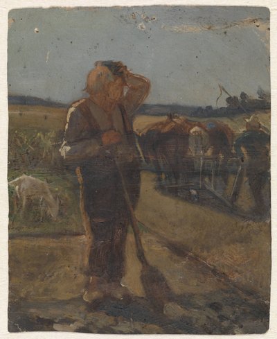 Boer staand met schep op het land door Thomas Simon Cool