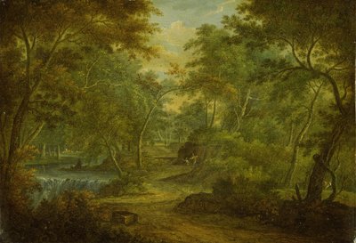 Een bebost landschap met een stroom en een visser door Thomas Smith of Derby