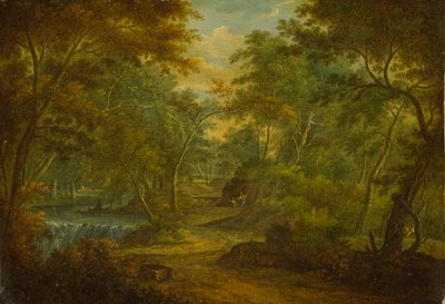 Een bebost landschap met een stroom en een visser door Thomas Smith of Derby