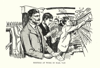 Sorteerders aan het werk in Postwagen (litho) door Thomas Somerfield