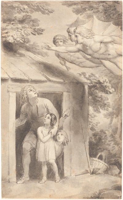 Petrus en zijn kinderen bezocht door drie vliegende figuren door Thomas Stothard