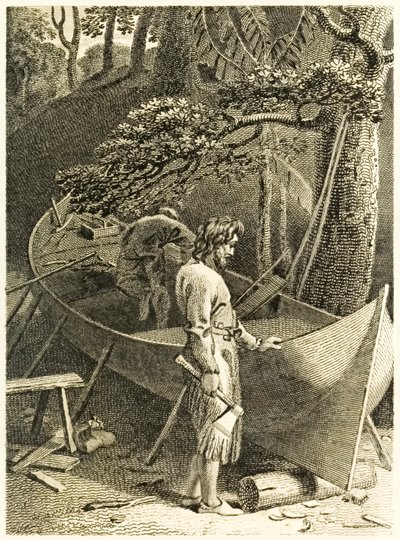 Robinson Crusoe en Vrijdag maken een boot uit 