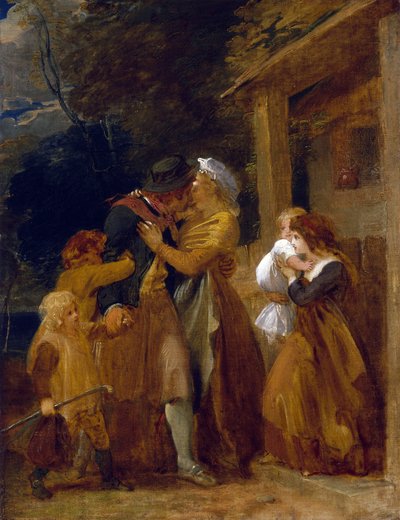 De terugkeer van de zeeman, hereniging met zijn familie op de drempel van zijn huisje door Thomas Stothard