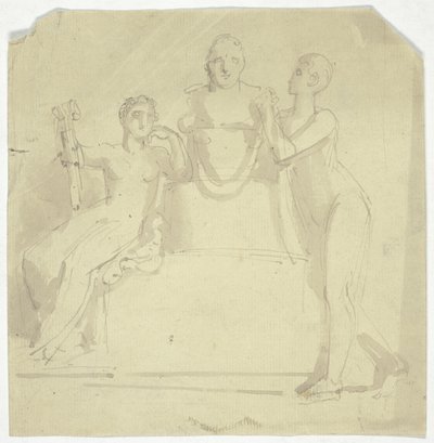 Twee vrouwelijke figuren met een buste door Thomas Stothard
