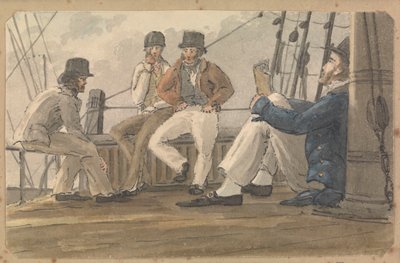 Vier matrozen ontspannen op het dek, een leest door Thomas Streatfeild