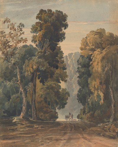 Paard, kar en bestuurder op brede, met bomen omzoomde laan door Thomas Sully