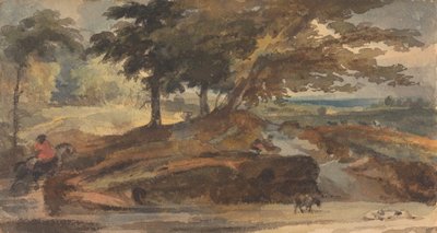 Landschap met heuvel met bomen, figuur te paard door Thomas Sully
