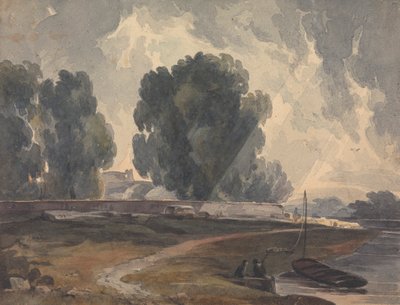 Landschap met bomen en meer met figuren en boot door Thomas Sully