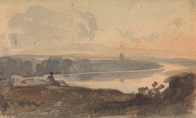 Landschap, met kronkelende rivier, figuur op heuvel in de voorgrond door Thomas Sully