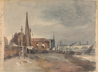 Kustscène met gebouwen en boten door Thomas Sully