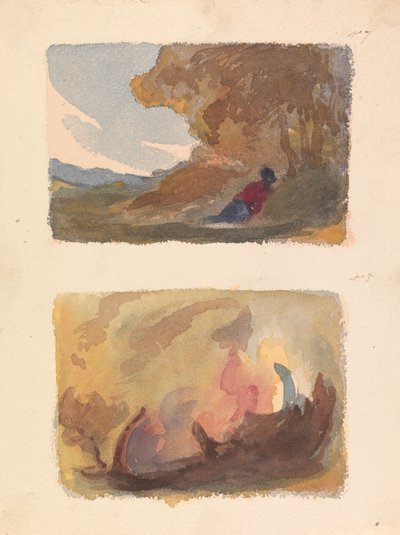 Twee tekeningen op één blad: Landschap met figuur liggend tegen heuvel - Titian en Venetiaanse school (nr. 7); Landschap - Verscheidenheid aan aquarelwassen (nr. 8) door Thomas Sully