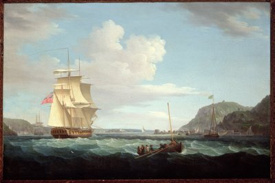 Een Britse fregat met een sloep bij de kaap van Gallows Hill, Broad Bay, Isle of Lewis, Hebriden door Thomas Whitcombe